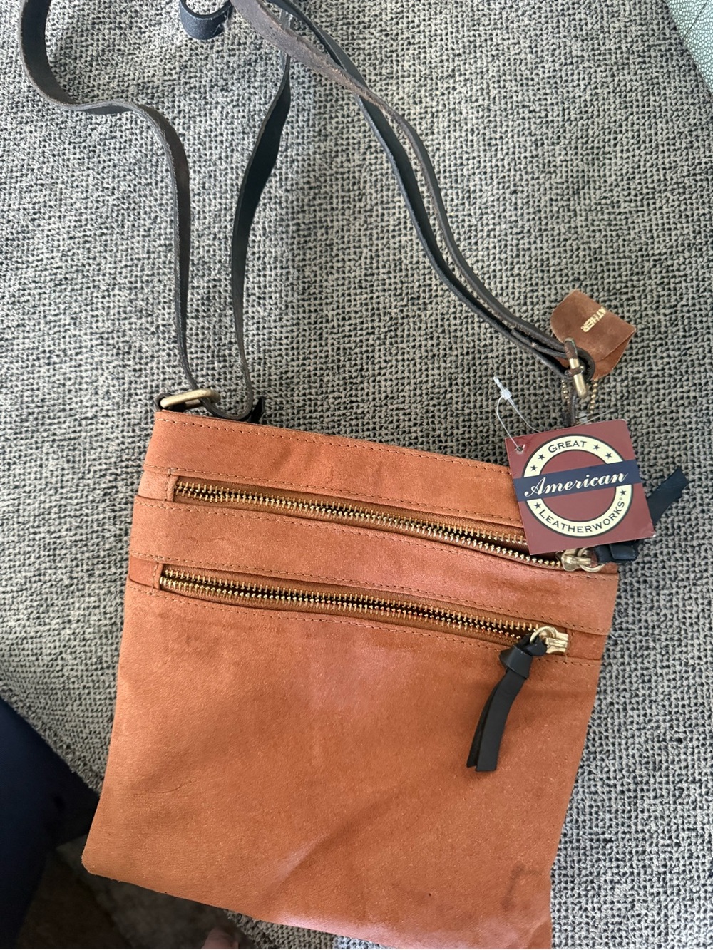 American Leatherworks Tan Suede Crossbody with Dual Zip Pockets